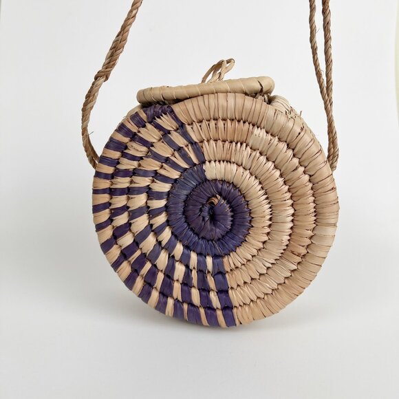 Vintage Handmade Straw Rattan Circle Purse Crossbody Shoulder Bag Boho Coastal - Picture 3 of 3